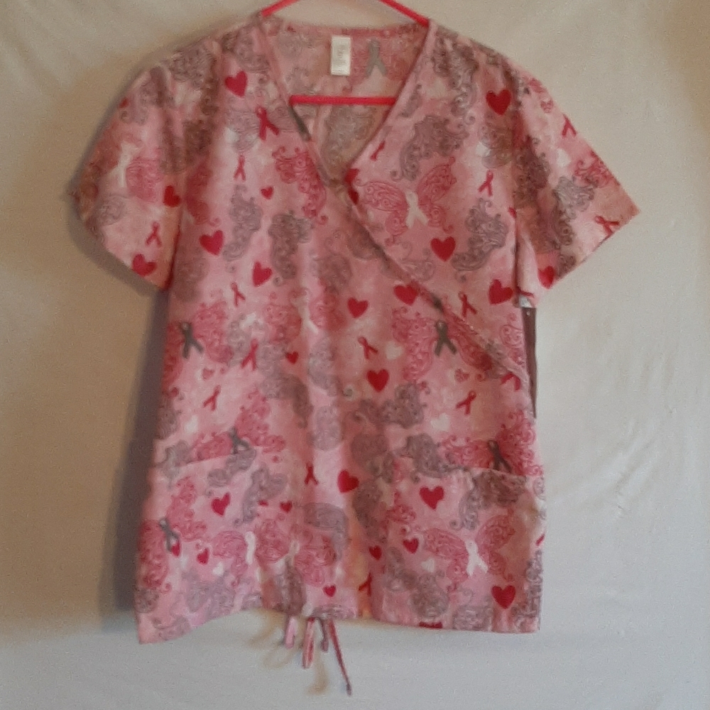 Hearts and Ribbons Scrub Top Pink and Red Size S